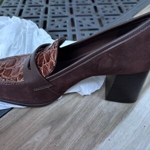 NWT Reformation Nadine Heeled Loafer Brown Suede and Snakeskin